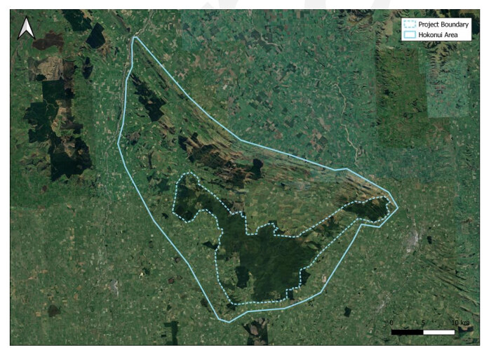 Aerial view of Hokonui, showing indicative geographic boundary and initial project boundary. The broader geographical area of the Hokonui is 90,247ha, with the initial project area comprising approximately 23,979ha.