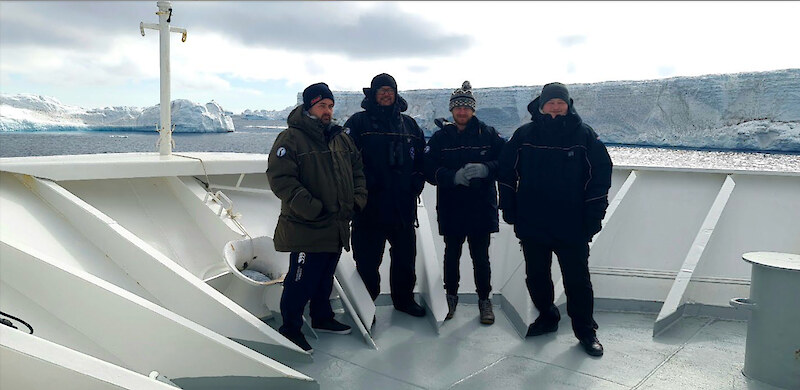 Karlee Nicholas, Riki Parata, Luka Whaitiri-Finn, Tāne Tāmati on a month-long Southern Ocean science and research expedition as a part of the Murihiku Regeneration ki te Tonga Programme, aboard the Heritage Adventurer, 2024.