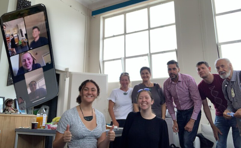 Rangatahi on screen: Jacob Taare (top); Angelia Skerrett (middle); Nola Cassidy (bottom). Main photo (front): Rangatahi Mya Kairau and Destiny Naunau. Back row (left to right): Steph Blair, Hana O’Regan, Dr Michael Stevens, Ivan Hodgetts and Michael Skerrett.