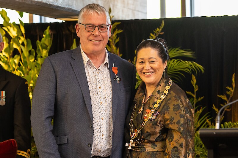 Terry Nicholas, MNZM at the Investiture Awards Ceremony with The Rt Hon Dame Cindy Kiro, GNZM, QSO.